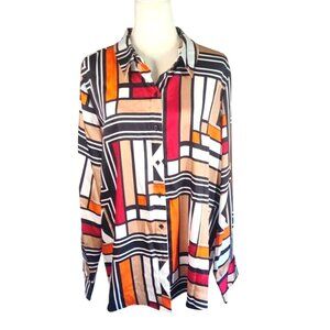 Karl Lagerfeld Womens Abstract Geometric Button-Down XL Long Sleeve Blouse Shirt
